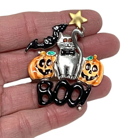 Vintage Halloween Cat Brooch With Jack O' Lanterns & Bat Silver Orange Black  2" - Picture 5 of 5